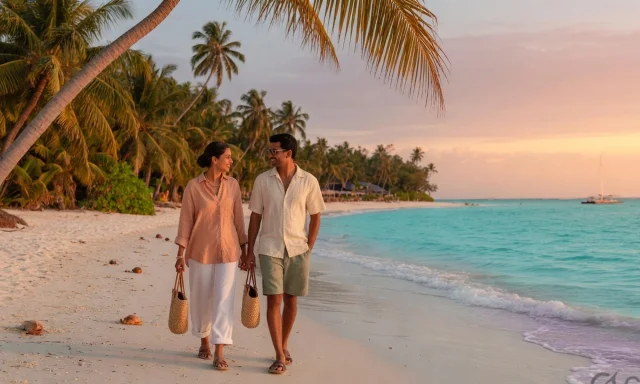 Couple walking a tropical beach at sunset