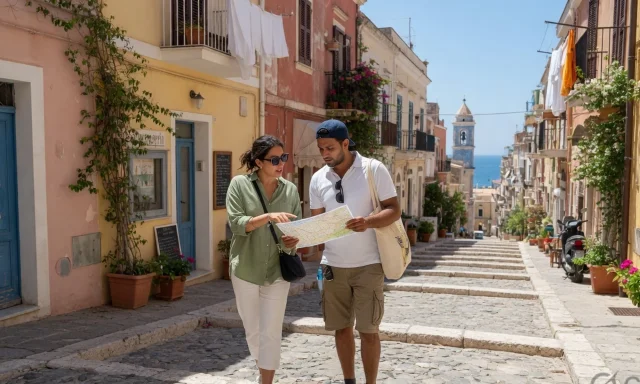 Couple exploring an old town with a map