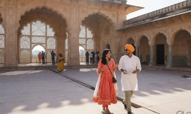 Couple in a Rajasthan palace courtyard
