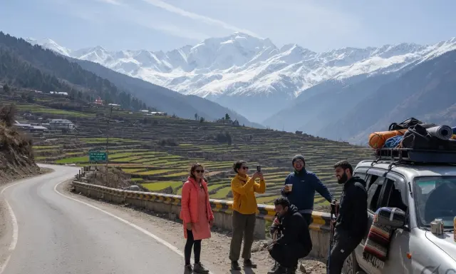 Travelers on a Himalayan mountain road