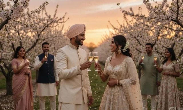 Couple celebrating in a blossom orchard
