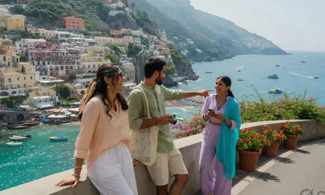 Travelers on a Mediterranean cliff coast