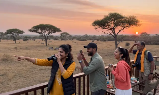 Travelers on a safari deck at sunrise